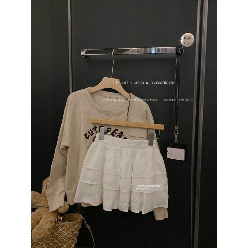 

Kumikumi Ballet Style Lace High Waist Skirt Women Autumn Chic Solid Double Layer Cake Skirt Short dress White S