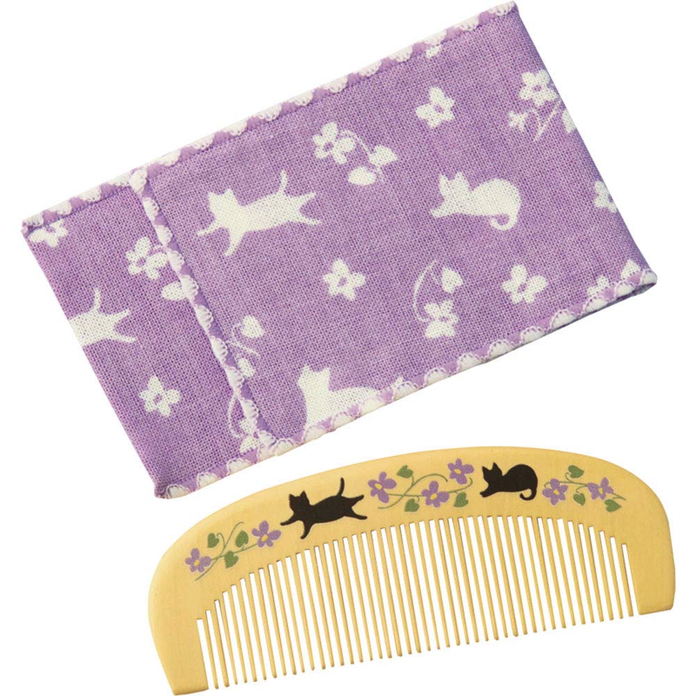 Kurochiku Tsubakido Moisturizing Tsuge Comb with Flower Cat Hairbrush Case, (1 piece)