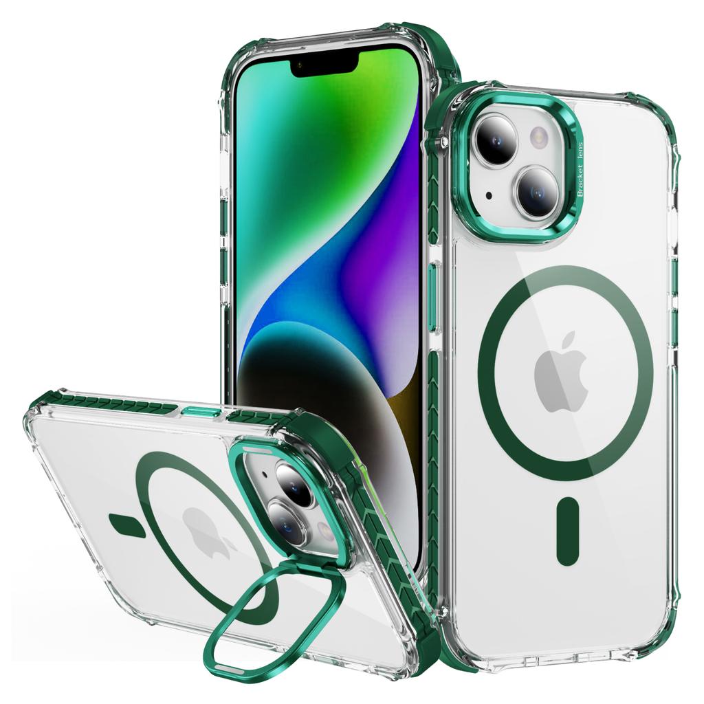 For iPhone 14/13 Clear Phone Case with Lens Kickstand Cover Compatible with MagSafe