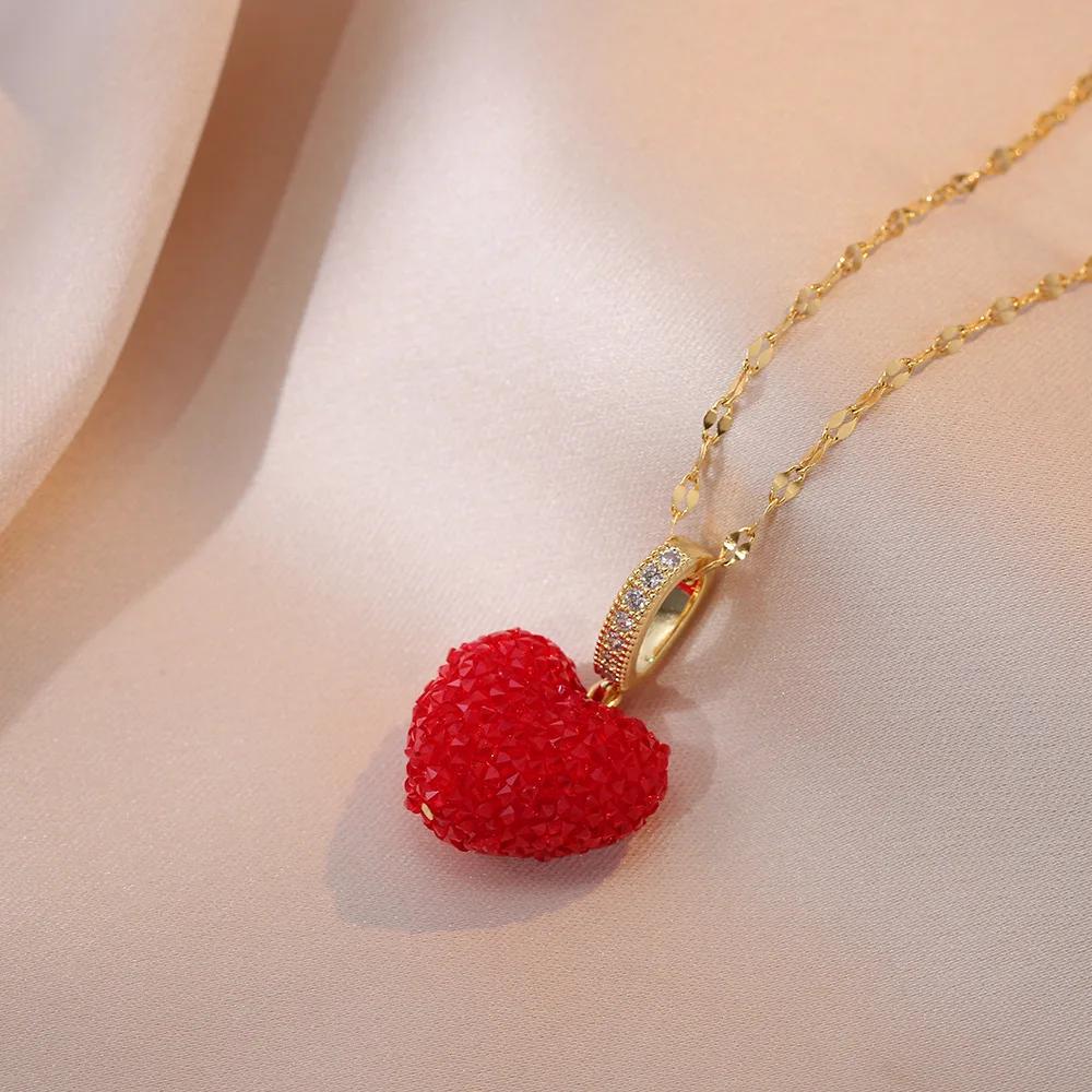 Luxury Trendy Pink Crystal Heart Pendant Necklace for Women Charm Gold Color Stainless Steel Zircon Collar Zircon Colorfast красный