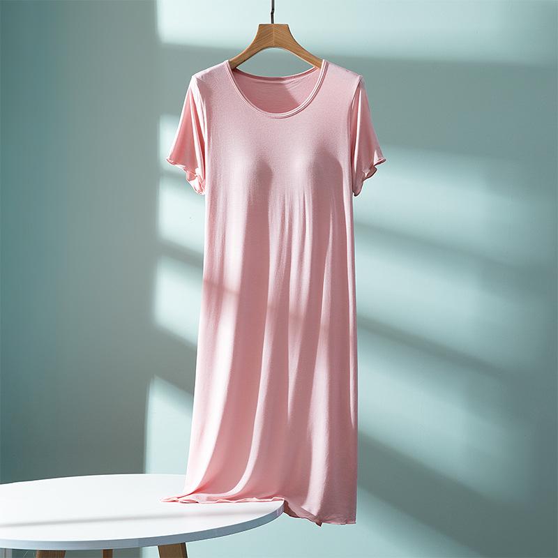 Women's Ruffle Short-Sleeve Nightgown with Chest Pad, Modal Spring/Summer Long Dress for Home Wear