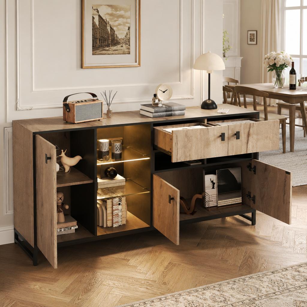 Modern minimalist storage cabinet with double doors, open shelf, glass shelves and interior partitions for living room, dining room and office.