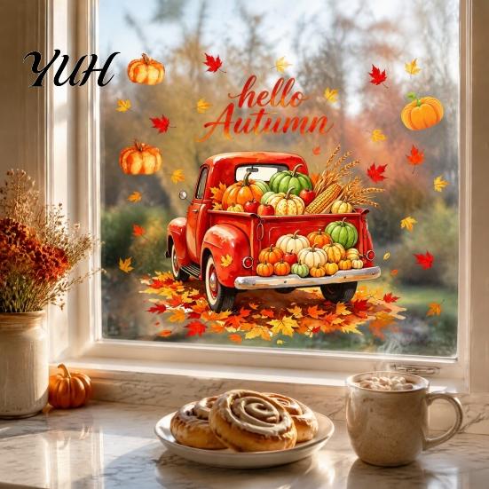 Fall Festival Background Autumn Harvest Window Clings, Decorative Static Glass Sticker for Thanksgiving Home Shop Removable Stickers Decor, PVC Maple