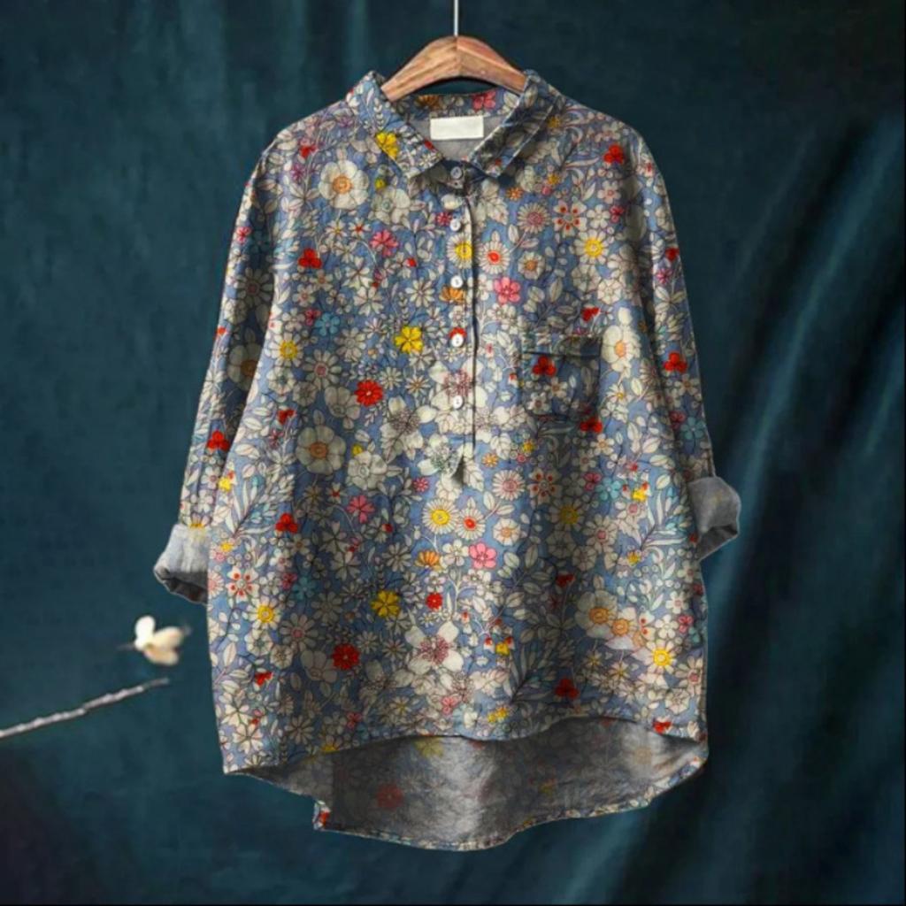Women's Turn Down Collar Long Sleeve Floral Print Shirt Loose Fit Elegant Casual Blouse