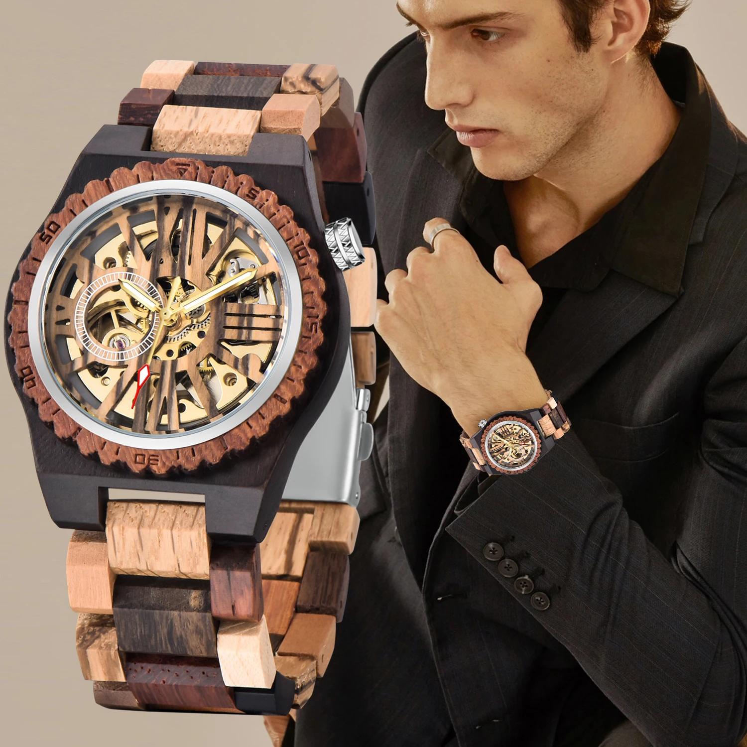 

NEW Color Blocked Roman Numerals Wooden Men s Mechanical Watch Casual Fashion Accessories Wristwatch Reloj De Madera