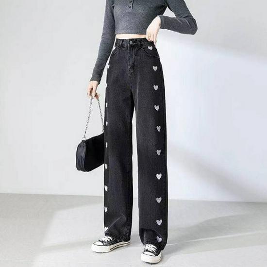 Hong Kong Style Women's Love Heart High Waist Straight Leg Jeans - Chic Loose, Wide-Leg, Drapey, Floor-Length, Slimming.