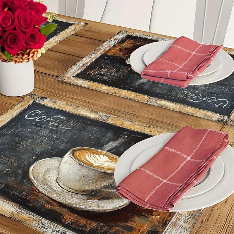 4pcs Set Coffee Cup and Blackboard Decorative Placemats 12x18 Inches, Suitable for Kitchen Dining Room Decoration, Home Dinner Table Decor, Party