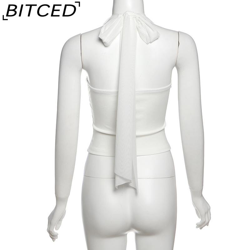 BITCED Summer Women's Solid-Colour Sexy Halterneck Fishbone-Style Crop Top