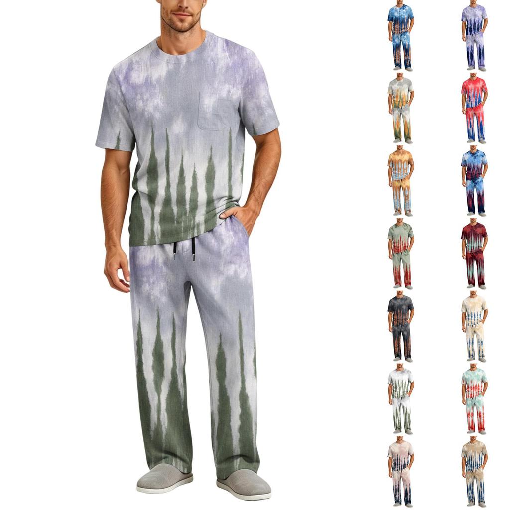 Men's Home Pajama Set, Short Sleeve Top and Long Pants with Button Fly and Drawstring Waist