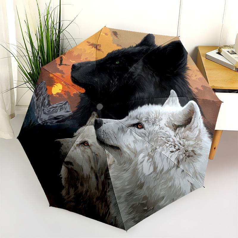 Three Wolves  Pattern, Automatic Folding Umbrella, Portable and Foldable Design, 8 Ribs, a Christmas or Birthday Gift.