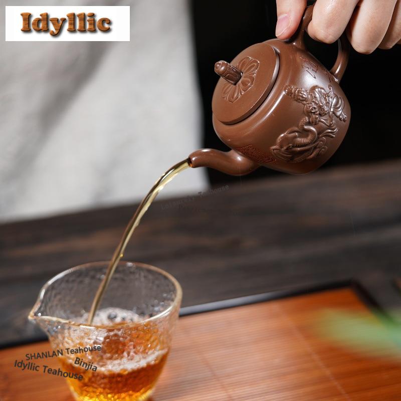 220ml Traditional Yixing Purple Clay Teapots Handmade Relief Pot Raw Ore Pink Gold Zhu Mud Kettle Zisha Tea Set Ornaments Gift