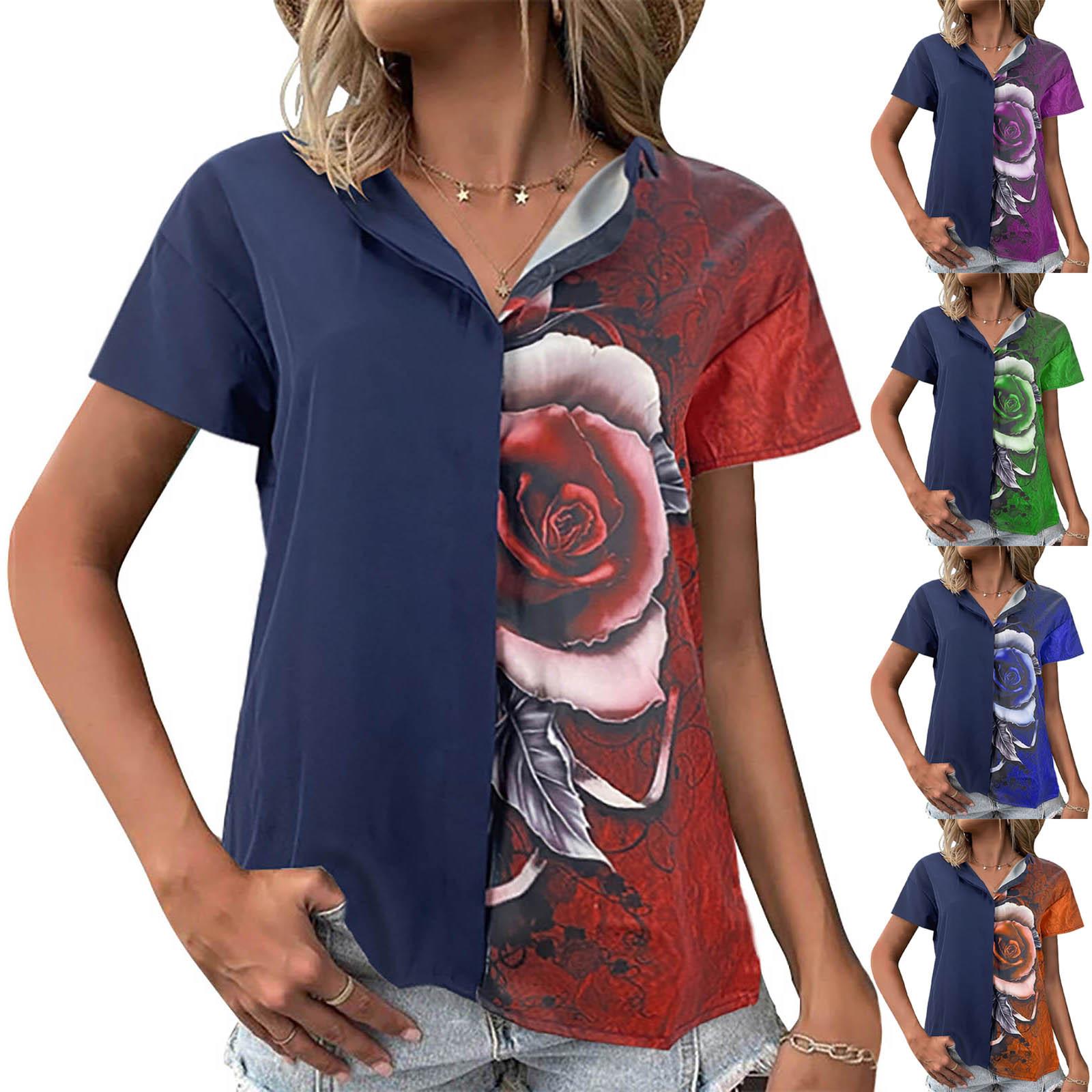 

Fashion Women s Slim Fit Colorblock Lapel Cardigan Short Sleeve Loose Print Top