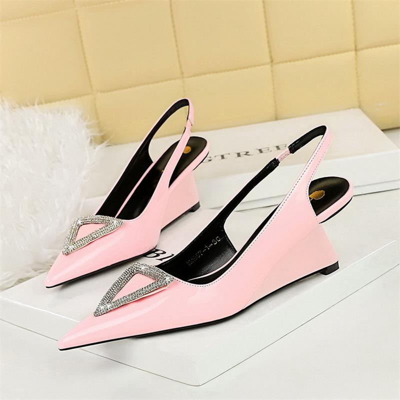 Fashion Wedges Women Shoes High Heel Shallow Pointed Toe Hollow Back Straps Patent Leather Triangle Metal Crystal Buckle Pumps
