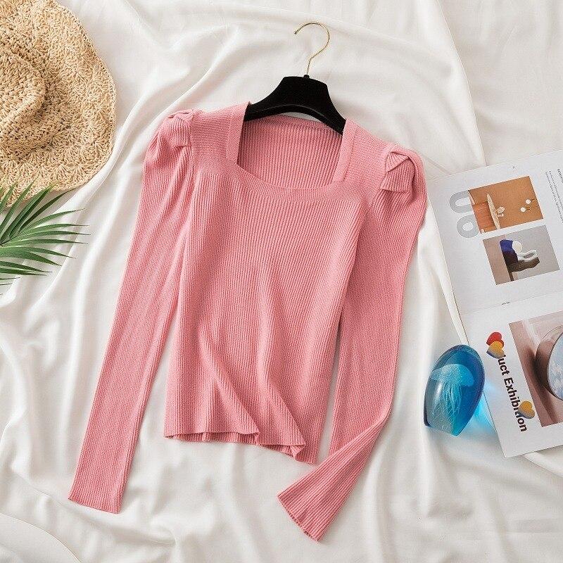 Elegant Square Neck Autumn Sweater Women 2023 Puff Long Sleeve Knitted Pullovers Casual Jumper Fashion Solid Knitwear Women Short Tops 22925