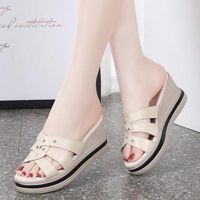 Pantoufles d'été en cuir fendu pour femmes, sandales à plateforme à talons compensés en cristal de 7.5CM