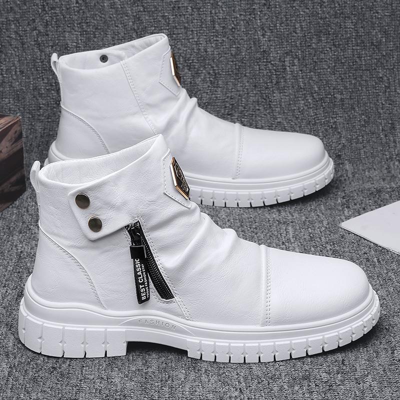 Fashion PU Leather Men Chelsea Boots White Vintage Boots for Men Casual Comfort Male Business Shoes Motorcycle Sports Man Shoes