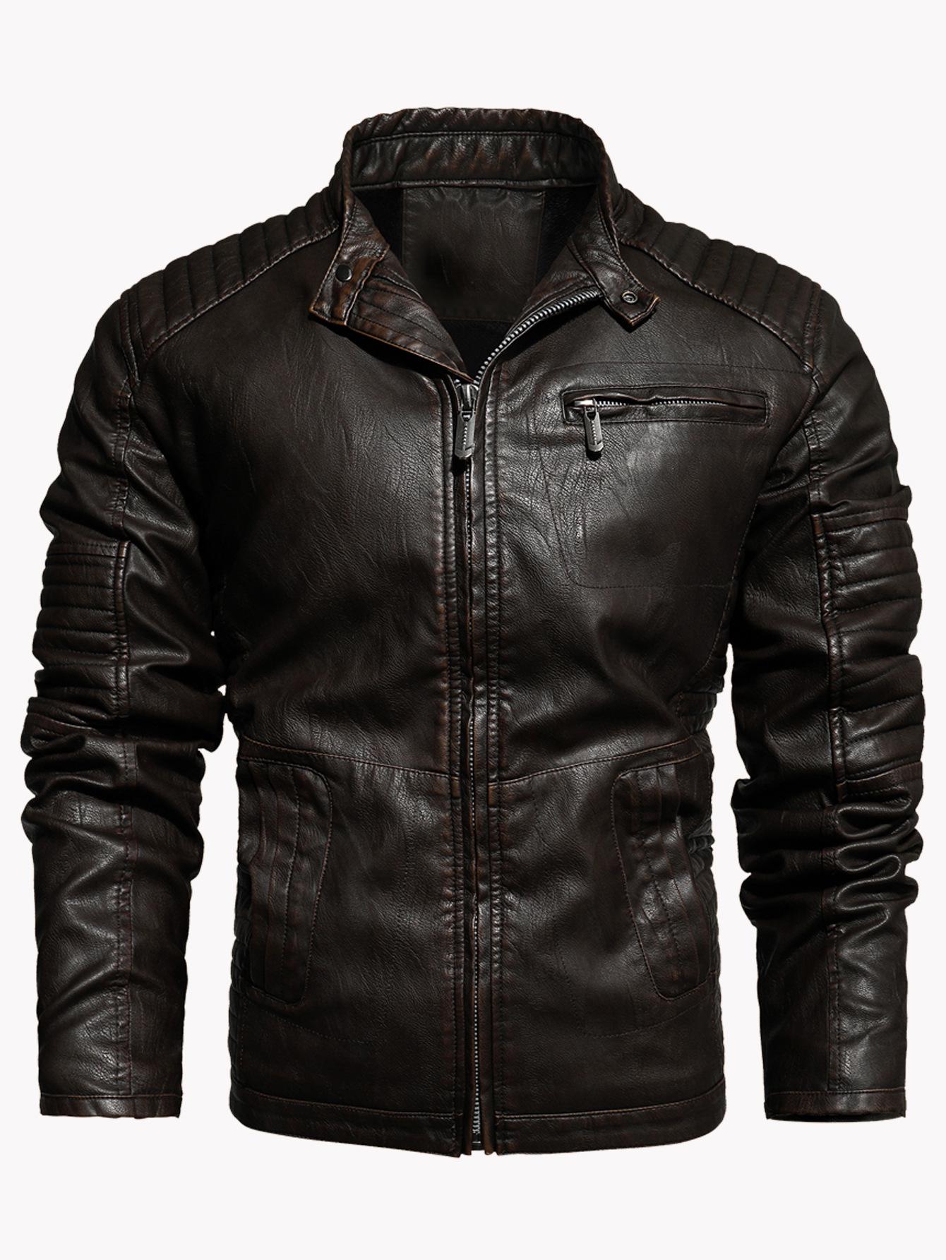 

Мужская зимняя мотоциклетная куртка из ПУ-кожи с воротником-стойкой, приталенного кроя - Европейский и американский стиль XL кофейный