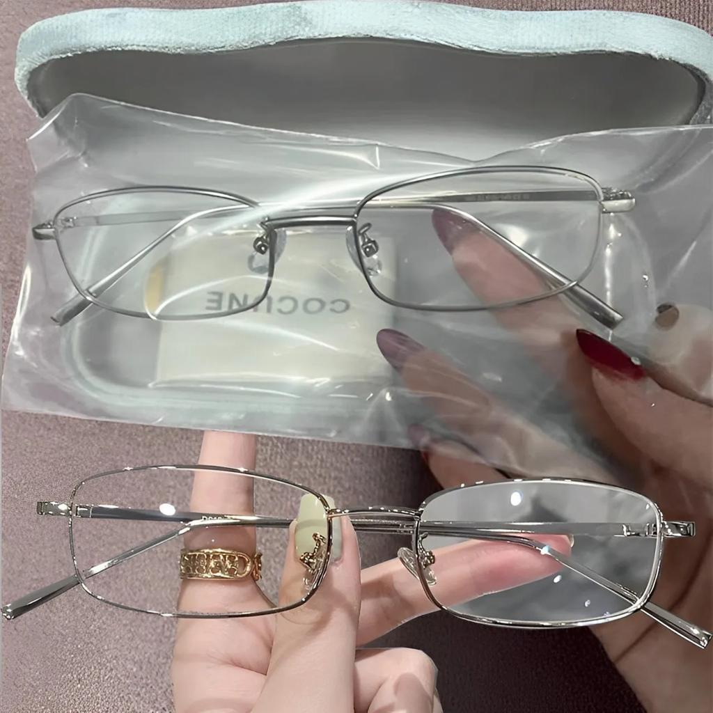 Square Glasses Frame for Women Small Metal Frame Flat Anti-blue Glasses Japanese Men Vintage Trendy Silver Y2K Reading Glasses