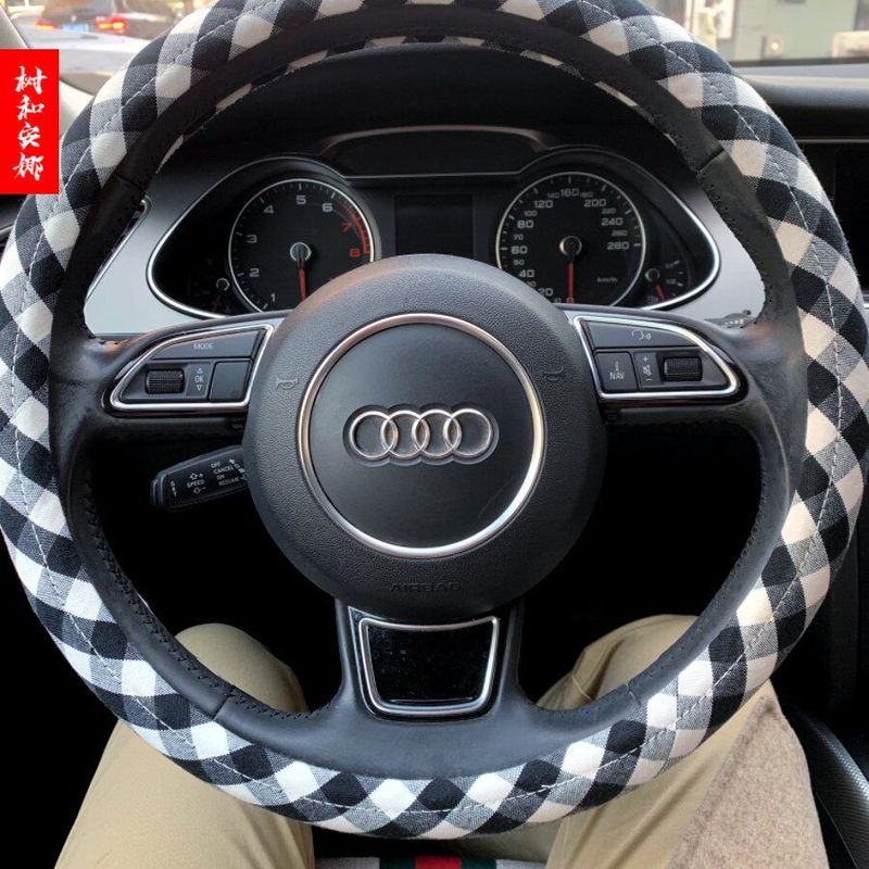 

Car Steering Wheel Cover, Universal for All Seasons, Fabric, Non-Slip, Sweat-Absorbent, for Women, Round D-Shaped, Keeps Hands Warm in Winter Black Small Grid [Round]