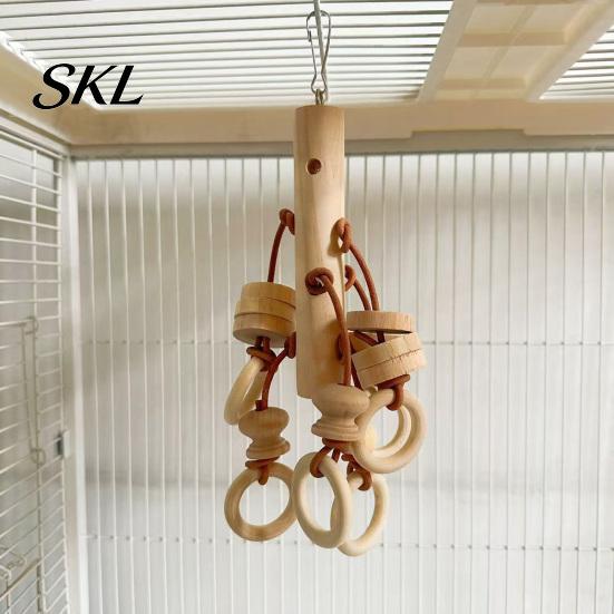 Bird Beak Trimmer Wood Blocks Parrot Toy, Chew Toy with Wooden Rings, Biting Hanging Cage Accessory for Parakeet Conure Cockatiel Non-toxic