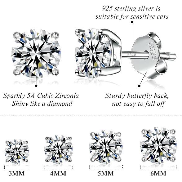 925 Sterling Silver Stud earrings Set | White Gold Plated Hypoallergenic Stud Earrings | Cubic Zirconia Stud Earrings for Women