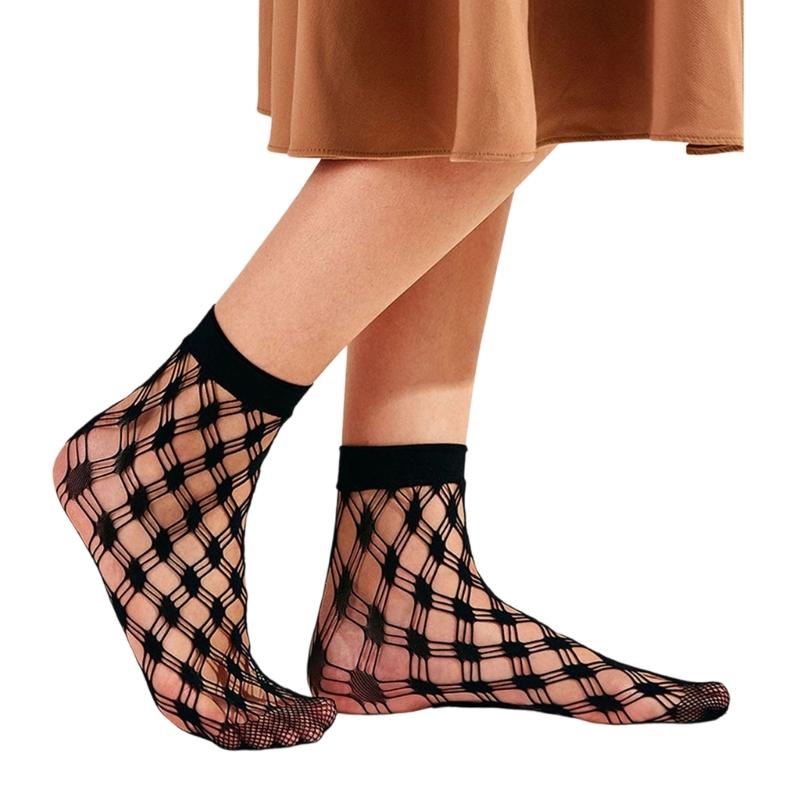 Womens Girls Elegant Lace Ankle Socks Ruffle Frilly Dress Socks Hollowout Rhombus Patterned Fishnet Mesh Lace Trim Socks