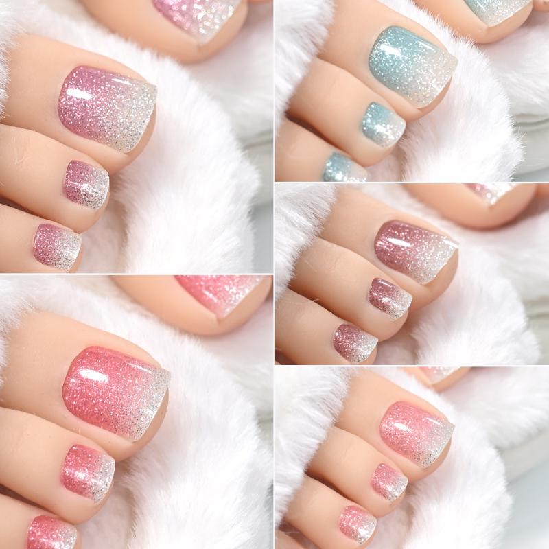 22Pcs/Sheet Toe Nail Sticker Wraps Baking Free Simple Solid Color Glitter Full Cover Toenail Polish Strips Waterproof