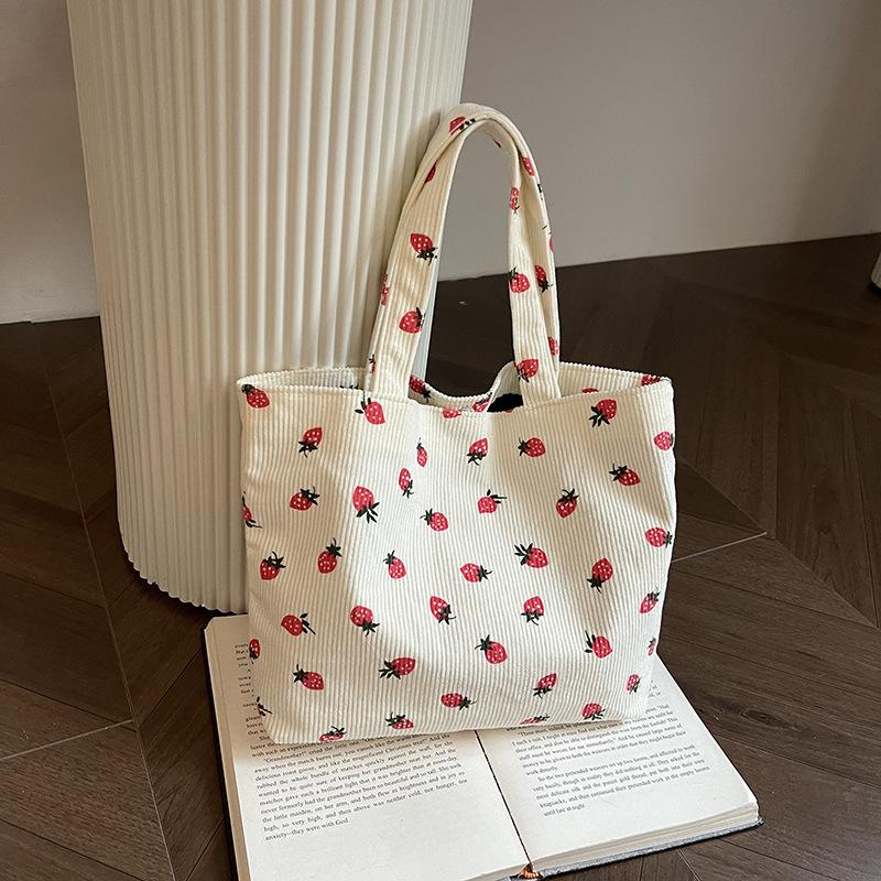 Strawberry Print Corduroy Women s Shoulder Bag Fresh Women s Bag Fashion Versatile Shoulder Bags Girl s Travel Shoulder Handbags
