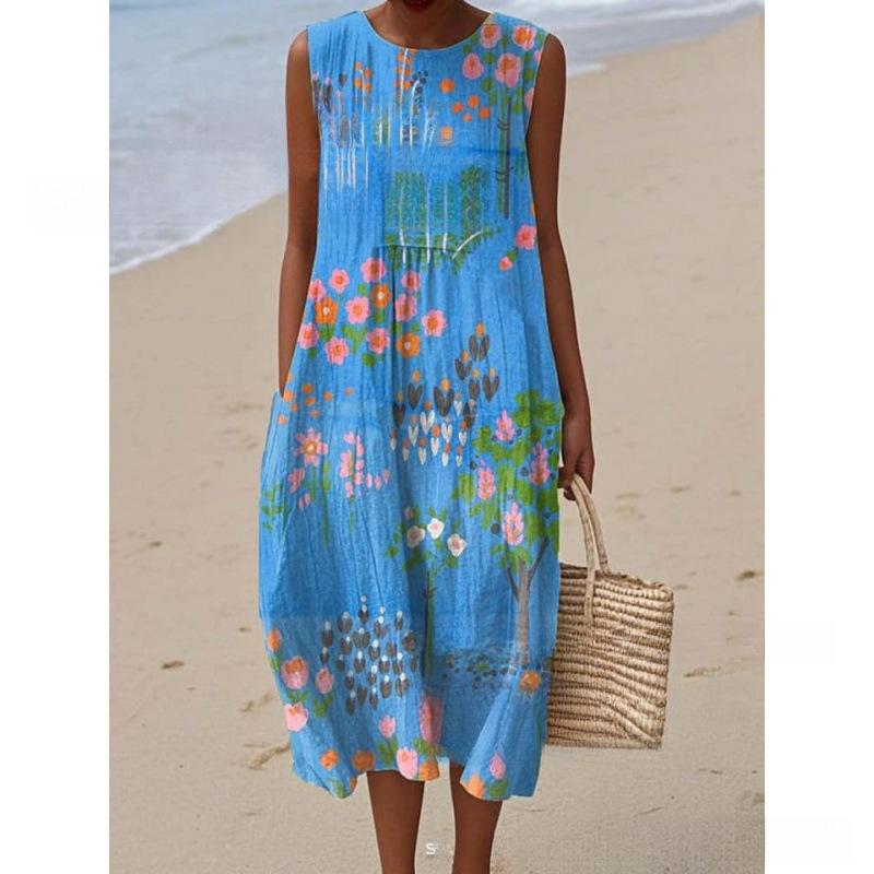 European and American New Summer Flower Ocean Printing European Size Round Neck Sleeveless Long Dress Creative Loose Dress