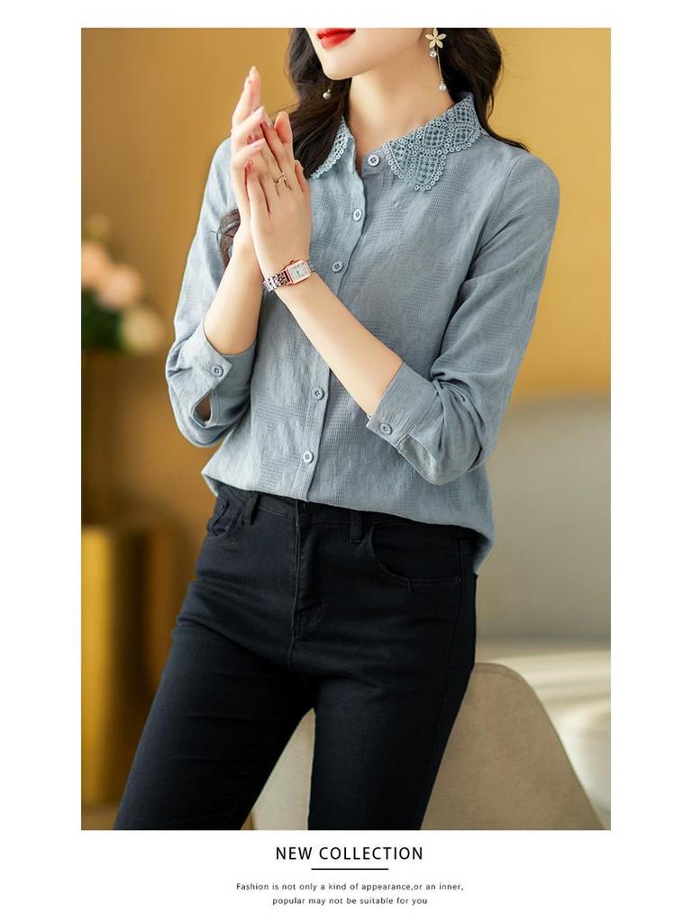 2023 Spring Women's Cotton Jacquard Shirt with Doll Collar and Long Sleeves