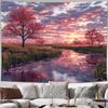 Pink Autumn Sunset Landscape Tapestry 2D Digital Print Polyester Wall Hanging Living Room Bedroom Office Decor with Hooks