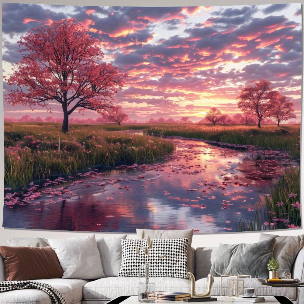 Pink Autumn Sunset Landscape Tapestry 2D Digital Print Polyester Wall Hanging Living Room Bedroom Office Decor with Hooks