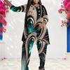 Women Plus Size Round Neck Long Sleeve Green Black Gold Printed Layered Top And Long Pants Two Piece Set