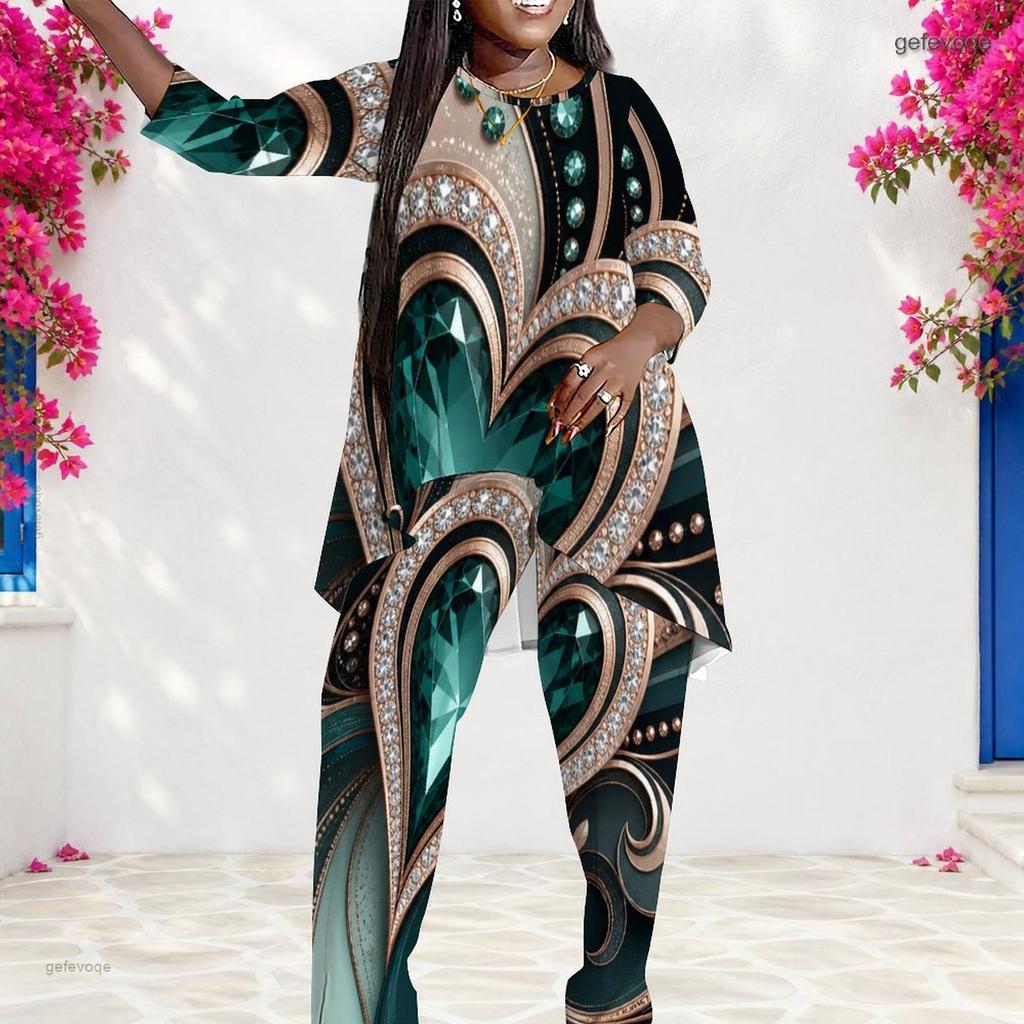 Women Plus Size Round Neck Long Sleeve Green Black Gold Printed Layered Top And Long Pants Two Piece Set