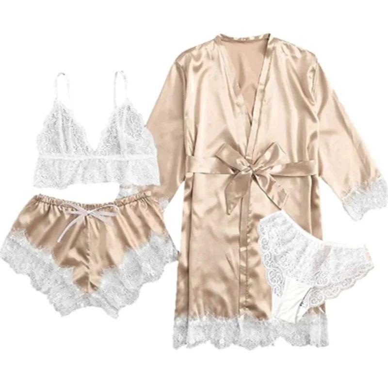 

Сексуальный комплект для сна на подтяжках из четырех предметов Сексуальная пижама на бретелях Golden XL