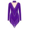 Womens Latin Dance Dress Mock Neck Long Sleeve Irregular Hem Shiny Rhinestones Tassel Performance Costume