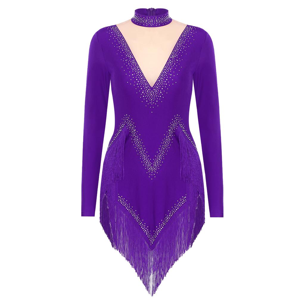 Womens Latin Dance Dress Mock Neck Long Sleeve Irregular Hem Shiny Rhinestones Tassel Performance Costume