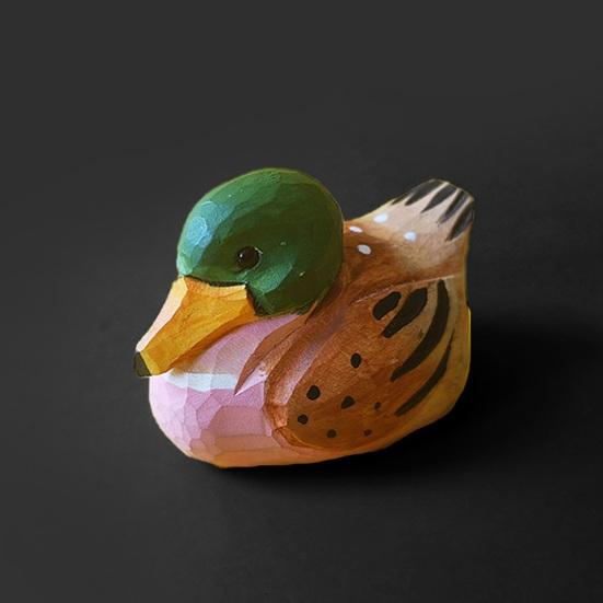 Wooden Duck Figurine Hand-Carved Duck Statue Small Rustic Wildlife Sculpture Collectible Ornament for Indoor Desk Shelf Decor