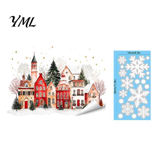 Holiday Decoration Decals Christmas Static Window Clings, Snowy Town House Snowflake Glass Decals, Reusable Seasonal Party Supplies Xmas Stickers,