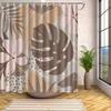 Tropical leaf and floral patterned shower curtain, polyester fabric, machine washable, with hooks, suitable for bathroom décor.