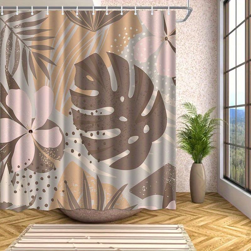 Tropical leaf and floral patterned shower curtain, polyester fabric, machine washable, with hooks, suitable for bathroom décor.