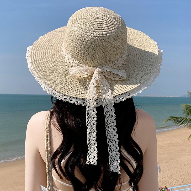 Summer Bow Sun Hat Female, Seaside Beach Vacation Sun Hat Outdoor Big Brim Sun Hat Sweet Straw Hat