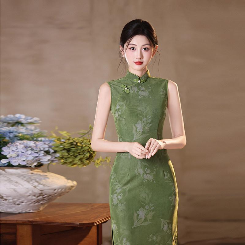 Green sleeveless national style new Chinese daily Suzhou long cheongsam improved young 1011 new women's high sense