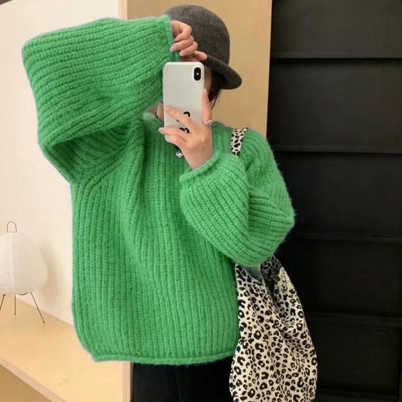 

Осенне-зимний толстый повседневный теплый женский вязаный свитер с длинным рукавом и круглым вырезом, женский трикотаж, топы, элегантные однотонные винтажные свитера 24784 One Size зелёный