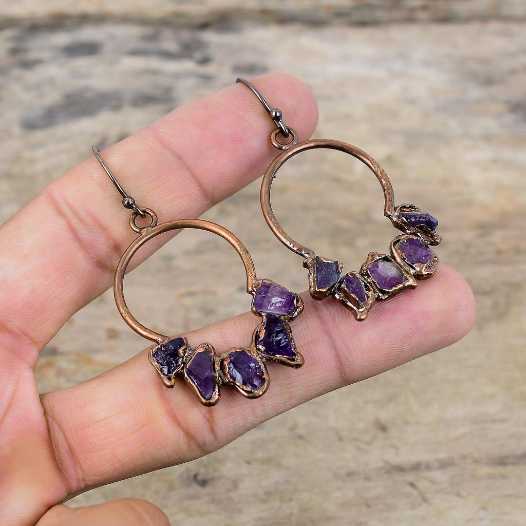 African Amethyst Rough Earring Electroformed Copper Earring Original Gemstone Jewelry Handmade Earring Electroformed Jewelry Engagement Gift