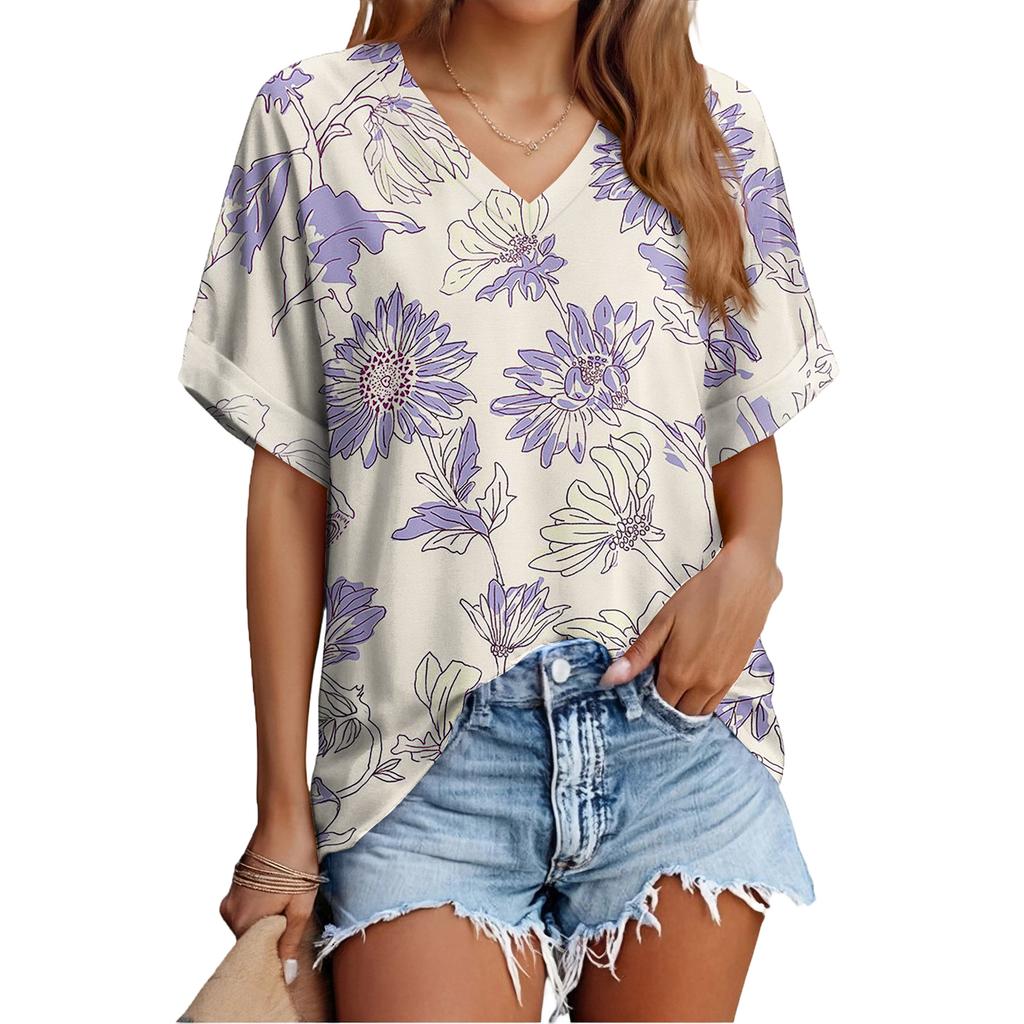 Modisches lässiges vielseitiges Damen-Sommer-Kurzarm-Oberteil mit Blumenprint, schmal geschnitten