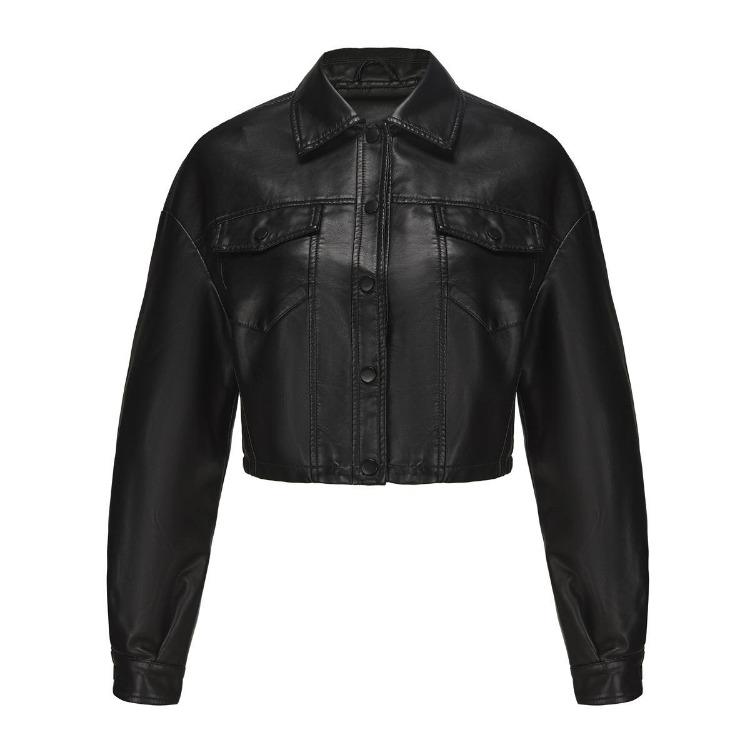

Women Fashion Slim Fit Pu Leather Jacket Lapel Collar Long Sleeve Zipper Fall Winter Coat XXL чорний