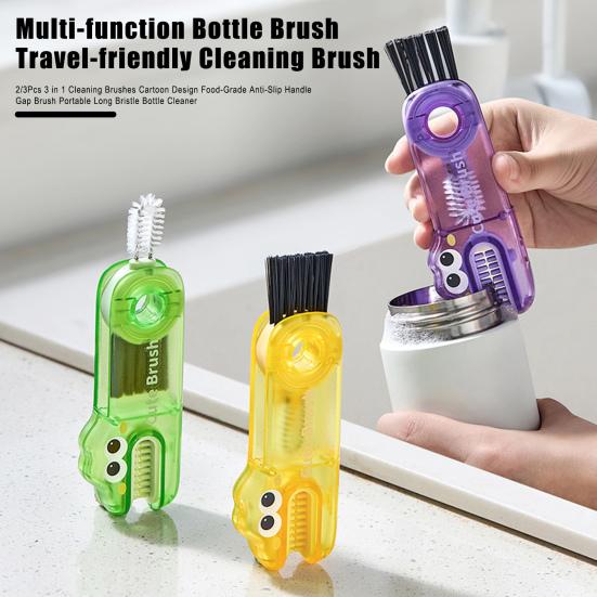 2/3Pcs 3 In 1 Cleaning Brushes Cartoon Design Food-Grade Anti-Slip Handle Gap Brush Portable Long Bristle Bottle Cleaner