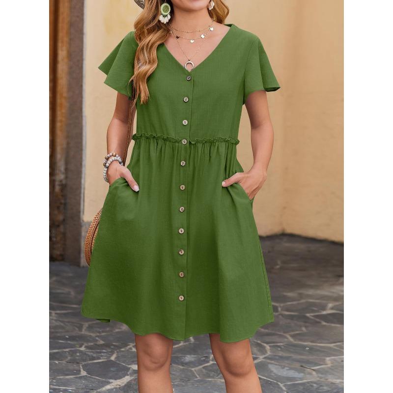 BITCED Fashion Summer Spring Solid Color Print Short Sleeve V-Neck Casual Dresses