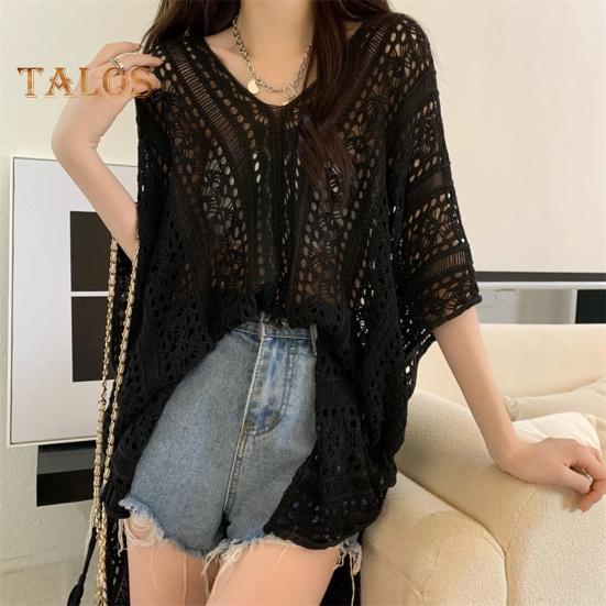 Cover Up Dress V-Neck Short Sleeve Hollow Out Breathable Loose Fit Summer Tops Beach Bikini Cover Up